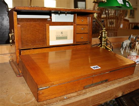 Brass mounted oak stationery box